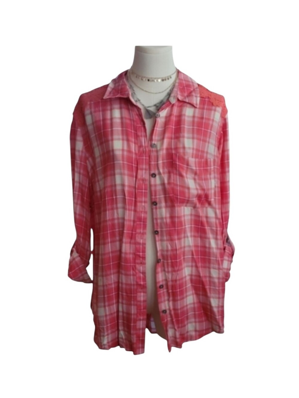 New York & Company Pink Lace Shoulder Plaid Button Down Shirt Size Large